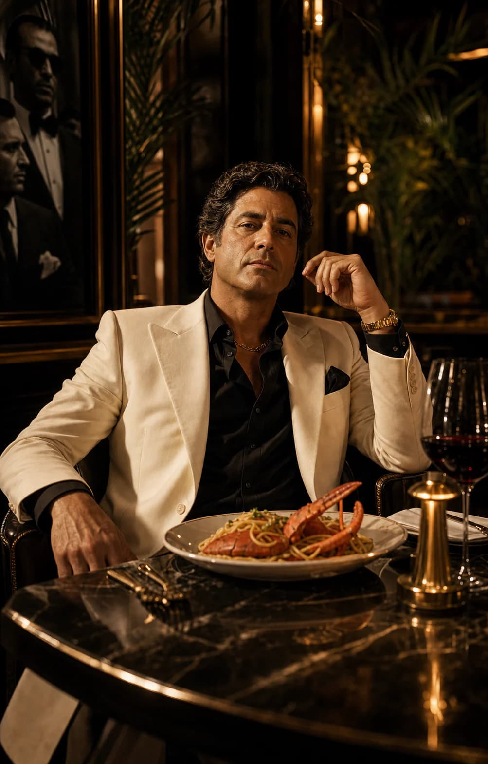 Miami Notte in cinematic Italian restaurant atmosphere